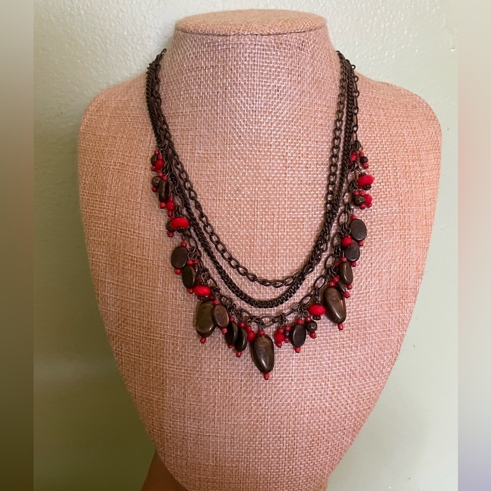 Elegant Red and Brown Layered Necklace